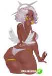  afro allofthelewds angel_wings artist_name ass back back_tattoo bare_shoulders bikini breasts dark_skin earrings halo heterochromia highres hoop_earrings jewelry lips looking_at_viewer looking_back nose_piercing nose_ring original piercing revealing_clothes smile swimsuit tattoo thigh_strap thighs white_bikini white_hair wings 