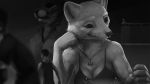  16:9 2020 anthro arm_support breasts canid canine cleavage clothed clothing felid female fox fur greyscale group human ipoke jewelry leaning_on_elbow light lighting macro mammal monochrome necklace smile whiskers widescreen 