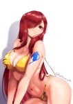  alternate_costume artist_name bikini blue_tattoo breasts cleavage erza_scarlet fairy_tail hair_over_one_eye highres large_breasts long_hair looking_at_viewer matheuus_arts navel red_eyes red_hair shadow shoulder_tattoo simple_background smile solo swimsuit tattoo white_background yellow_bikini 