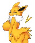 anthro big_breasts breasts canid eeveelution female fur generation_1_pokemon hi_res jolteon looking_back mammal neck_tuft nintendo pokemon pokemon_(species) rear_view simple_background solo tail tuft villmix white_body white_fur yellow_body yellow_fur