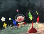  1boy big_nose black_eyes blue_pikmin blue_skin brown_hair bud closed_eyes colored_skin commentary_request flower forest gloves grass hand_on_another&#039;s_hand helmet leaf nature no_mouth olimar open_mouth outdoors pikmin_(creature) pikmin_(series) pink_nose pointy_ears pointy_nose radio_antenna red_gloves red_light red_pikmin red_skin short_hair space_helmet spacesuit sprout sunlight triangle_mouth twitter_username usuba_(hatomugip) very_short_hair white_flower yellow_pikmin yellow_skin 