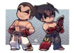  2boys abs belt black_eyes black_hair black_pants chibi full_body gloves grabbing_own_arm kazama_jin kotorai male_focus mishima_kazuya multiple_boys no_nose pants pectorals purple_belt red_eyes red_gloves scar scar_on_arm scar_on_chest short_hair studded_gloves tekken thick_eyebrows topless_male v-shaped_eyebrows white_pants 