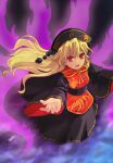  1girl bird black_dress black_headwear blonde_hair breasts commentary_request dress eyebrows_hidden_by_hair fire hands_up highres junko_(touhou) kaigen_1025 long_dress long_hair long_sleeves neck_ribbon open_mouth phoenix purple_fire red_eyes red_tabard ribbon small_breasts smile solo tabard touhou wide_sleeves yellow_ribbon 