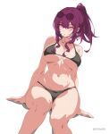  1girl :o bikini blush breasts eyewear_on_head hair_between_eyes hair_ornament highres honkai:_star_rail honkai_(series) kafka_(honkai:_star_rail) kili_kilio large_breasts long_hair looking_at_viewer navel no_sclera open_mouth parted_lips purple_eyes purple_hair shiny_skin simple_background sitting solo sunglasses swimsuit thighs 