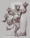 2023 action_pose anthro biceps big_muscles bottomwear bovid bovine bowl cattle clothed clothing container cup fur grey_background greyscale hair hi_res holding_object hooves horn liquid loincloth male mammal monochrome muscular muscular_anthro muscular_male navel nipples on_one_leg open_mouth painterly pecs plate pose shadow signature simple_background solo standing taran_fiddler topless topless_anthro topless_male tuft