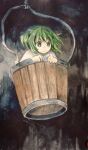  1girl bucket closed_mouth commentary_request green_eyes green_hair highres in_bucket in_container japanese_clothes kaigen_1025 kimono kisume medium_hair painting_(medium) pale_skin short_twintails solo touhou traditional_media twintails watercolor_(medium) white_kimono wooden_bucket 