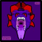 1:1 2023 anthro bodily_fluids devourer_(razor_koopa) digital_media_(artwork) dragon english_text esophagus fangs goo_creature goo_dragon goo_dripping horn imminent_vore looking_at_viewer low_res male mirrored_anatomy mouth_shot open_mouth pixel_(artwork) purple_body red_eyes simple_background slime solo speedysnack_(artist) teeth text throat tongue tongue_out vore watermark