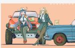  2girls bag bangs black_footwear black_legwear blonde_hair blue_eyes blue_hair bomber_jacket breasts cowboy_hat drinking drinking_straw eating eyebrows_visible_through_hair eyewear_on_head food ground_vehicle hamburger hat high_heels highres holding hornet_(kantai_collection) jacket kantai_collection large_breasts long_hair long_sleeves motor_vehicle multicolored_hair multiple_girls necktie one_eye_closed open_mouth pantyhose paper_bag pencil_skirt red_footwear red_hair simple_background sitting skirt south_dakota_(kantai_collection) star_(symbol) sunglasses thrux translation_request two-tone_background vehicle_request white_hair 