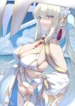  1girl absurdres beach bikini blonde_hair blue_eyes blue_sky breasts cleavage closed_mouth cloud commentary_request day detached_sleeves fate/grand_order fate_(series) hair_between_eyes hair_ornament highres large_breasts long_hair looking_at_viewer morgan_le_fay_(fate) morgan_le_fay_(water_princess)_(fate) ocean okuma707 outdoors sky solo swimsuit very_long_hair white_bikini white_sleeves 