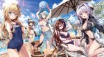 5girls :d absurdres ahoge alice_(sentouin_haken_shimasu!) armpits arms_up ball bangs barbecue beach beachball bikini bikini_under_clothes blue_eyes blue_hair blush breasts brown_hair chair cleavage collarbone day eyebrows_visible_through_hair food grimm_(sentouin_haken_shimasu!) hair_between_eyes hair_flaps hair_ornament hairclip hand_in_hair highres holding holding_ball holding_beachball holding_food horns innertube kakao_rantan large_breasts long_hair looking_at_viewer lounge_chair medium_breasts multicolored_hair multiple_girls navel official_art one-piece_swimsuit open_mouth outdoors pointy_ears red_eyes red_hair rose_(sentouin_haken_shimasu!) sarong school_swimsuit see-through sentouin_haken_shimasu! short_hair silver_hair single_horn sitting small_breasts smile snow_(sentouin_haken_shimasu!) standing streaked_hair swimsuit thighs very_long_hair wavy_hair yellow_eyes 