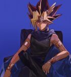  1boy armlet atem black_hair black_pants black_shirt blonde_hair blue_background blue_cape bracelet bright_pupils cape chair chinese_commentary commentary crossed_legs crown dangle_earrings dark_skin earrings gold highres jewelry male_focus multicolored_hair naoki_(2rzmcaizerails6) on_chair pants purple_eyes red_hair ring serious shirt sitting sleeveless sleeveless_shirt solo upper_body yu-gi-oh! yu-gi-oh!_duel_monsters 