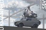  1girl car cloud cloudy_sky dress grey_theme highres hover_bike lefko_d motor_vehicle original sky sports_utility_vehicle structure white_dress 
