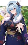  1girl alternate_costume blue_hair blue_kimono blurry blurry_background blush breasts cowboy_shot eula_(genshin_impact) floral_print genshin_impact hair_ornament head_tilt japanese_clothes kimono kirima_(user_danf8787) large_breasts looking_at_viewer medium_hair obi obiage obijime playing_with_own_hair reaching reaching_towards_viewer sash sidelocks solo yellow_eyes 