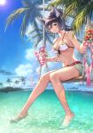  1girl absurdres animal_ears barefoot belt belt_buckle bikini bikini_top black_hair blue_sky breasts buckle cleavage crazy_straw day denim denim_shorts drinking_straw eustace-flamek floating_hair flower front-tie_bikini front-tie_top granblue_fantasy grey_shorts halterneck heart_straw hibiscus high_ponytail highres ilsa_(granblue_fantasy) lens_flare long_hair looking_at_viewer medium_breasts nail_polish navel ocean outdoors palm_tree red_belt red_flower red_nails shiny shiny_hair short_shorts shorts sideboob sitting sky solo summer sun swimsuit torn_clothes torn_shorts tree white_bikini white_flower 