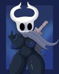 black_body breasts cloak clothing female genitals hand_behind_back hi_res hollow_knight horn humanoid nail nipples poraka7 pussy solo team_cherry the_knight_(hollow_knight) thick_thighs vessel_(species) weapon