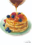  absurdres artworksmil blueberry food fruit highres maple_syrup original painting_(medium) pancake pancake_stack plate raspberry realistic signature traditional_media 