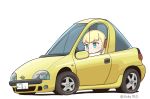  1girl absurdres bangs blonde_hair blue_eyes blunt_bangs car commentary_request ground_vehicle hair_ornament highres kantai_collection long_hair motor_vehicle sakusan shin&#039;you_(kantai_collection) simple_background solo twitter_username vehicle_request white_background 