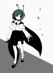  1girl antennae buttons cape closed_mouth collared_shirt commentary_request flat_chest frilled_shorts frilled_sleeves frills full_body green_hair highres juliet_sleeves kaigen_1025 long_sleeves mary_janes no_nose puffy_sleeves shirt shoes short_hair shorts socks solo spot_color touhou wriggle_nightbug 