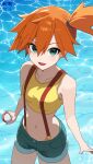  1girl :d absurdres commentary_request cropped_shirt day eyelashes green_eyes green_shorts hair_between_eyes highres holding holding_poke_ball maizumi misty_(pokemon) navel open_mouth orange_hair outdoors poke_ball poke_ball_(basic) pokemon pokemon_(anime) pokemon_(classic_anime) shirt short_hair short_shorts shorts side_ponytail sleeveless sleeveless_shirt smile solo suspenders tongue water yellow_shirt 