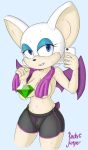  anthro blue_eyes bodily_fluids bottomwear breasts censored chiropteran clothed clothing female hi_res mammal r0cketjumper rouge_the_bat selfie shorts solo sonic_the_hedgehog_(series) sweat topless towel 