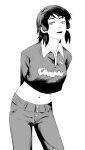  1girl absurdres arms_behind_back chainsaw_man collared_shirt crop_top cropped_shirt greyscale highres knew_nothing low-tied_sidelocks mifune_fumiko monochrome navel open_mouth pants shirt solo standing 