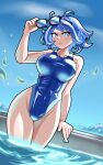  1girl antenna_hair blue_eyes blue_hair blue_one-piece_swimsuit blue_sky boku_no_hero_academia breasts cloud day hadou_nejire highres holding holding_removed_eyewear large_breasts official_alternate_hair_length official_alternate_hairstyle one-piece_swimsuit outdoors partially_submerged pool sky solo swimsuit unworn_eyewear water zer0z_vi 