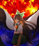  bird_wings black_wings bow brown_eyes brown_hair buttons cape closed_mouth collared_shirt control_rod cowboy_shot flat_chest frilled_shirt_collar frills green_bow green_skirt hair_bow kaigen_1025 long_hair puffy_short_sleeves puffy_sleeves reiuji_utsuho shirt short_sleeves skirt starry_sky_print third_eye_on_chest touhou two-sided_cape two-sided_fabric white_cape white_shirt wings 