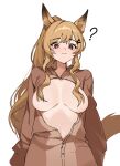 1girl ? animal_ears arknights breasts breasts_out brown_hair brown_shirt ceobe_(arknights) closed_mouth commentary hair_over_breasts highres jason_kim large_breasts long_hair long_sleeves looking_at_viewer red_eyes shirt simple_background solo tail white_background 