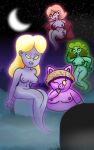 anthro blonde_hair cemetery clothing curled_hair domestic_pig female ghost ghost_tail glowing green_body group hair hi_res humanoid luigi&#039;s_mansion lydia_(luigi&#039;s_mansion) mammal mario_bros melody_pianissima miss_petunia naked_dan night nintendo nude_female pink_body purple_body robe spirit suid suina sus_(pig) the_floating_whirlindas through_floor translucent translucent_body yellow_eyes