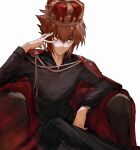  1boy alternate_costume black_pants black_shirt brown_hair cape chair chinese_commentary collared_shirt commentary_request crossed_legs crown elbow_rest gem hand_on_own_face highres long_sleeves male_focus naoki_(2rzmcaizerails6) on_chair pants red_cape red_gemstone serious shirt short_hair sidelocks sitting solo supreme_king_(yu-gi-oh!_gx) upper_body white_background yellow_eyes yu-gi-oh! yu-gi-oh!_gx 