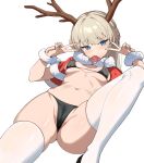  1girl antlers bikini black_bikini blonde_hair blue_archive blue_eyes blush breasts breasts_apart cameltoe capelet condom condom_in_mouth condom_wrapper deatheach double_v fur-trimmed_capelet fur_trim highres long_hair looking_at_viewer micro_bikini mouth_hold navel red_capelet reindeer_antlers santa_costume simple_background small_breasts solo swimsuit thighhighs toki_(blue_archive) v white_background white_thighhighs 