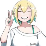  1girl :d ^_^ amano_pikamee basedshark blonde_hair clenched_teeth closed_eyes commentary english_commentary green_hair hand_up highres off-shoulder_shirt off_shoulder sharp_teeth shirt short_hair short_sleeves signature simple_background smile solo teeth upper_body v virtual_youtuber voms white_background white_shirt wide_sleeves 