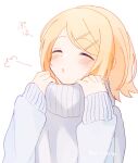  1girl ^_^ adjusting_clothes blonde_hair blush breath closed_eyes comfy grey_sweater hair_ornament hairclip kagamine_rin mani_(manidrawings) medium_hair open_mouth solo sweater swept_bangs turtleneck turtleneck_sweater twitter_username vocaloid white_sweater 