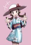  1girl :d absurdres blue_kimono brown_eyes brown_hair floral_print fujiwara_echi hands_up hat highres japanese_clothes kimono kotone_(pokemon) looking_at_viewer low_twintails obi open_mouth pink_background pokemon pokemon_(game) pokemon_masters sash simple_background smile solo standing sun_hat twintails white_headwear yukata 