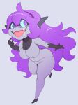 alternate_species big_breasts black_body blue_sclera bodily_fluids breasts dipstick_limbs drooling featureless_breasts featureless_crotch female grey_background grey_body hair hex_maniac humanoid humanoid_pointy_ears imp long_hair nintendo open_mouth open_smile pokemon purple_eyes purple_hair saliva short_stack simple_background smile solo spiral_eyes subakitsu thick_thighs twili wide_hips