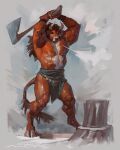 2023 abs action_pose anthro axe barefoot biceps big_muscles bottomwear bovid bovine cattle clothed clothing facial_piercing feet grey_background hair hi_res holding_axe holding_object hooves horn log loincloth long_hair male mammal muscular muscular_anthro muscular_male nipple_piercing nipple_ring nipples nose_piercing nose_ring obliques painterly pecs piercing pose ring_piercing serratus signature simple_background solo standing taran_fiddler topless topless_anthro topless_male wood wristband