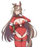  1girl alternate_costume animal_ears blush breasts brown_hair cleavage commentary_request detached_sleeves groin hair_between_eyes hair_ornament highres horse_ears horse_tail keycccat large_breasts looking_at_viewer one_eye_closed open_mouth pointing pointing_at_self santa_costume satono_diamond_(umamusume) simple_background tail thighhighs umamusume white_background 