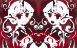  2girls closed_mouth commentary_request curly_hair horns kaigen_1025 komainu_ears komano_aunn long_hair mirror_image monochrome multiple_girls no_nose open_mouth red_theme shirt short_sleeves single_horn sketch smile touhou 