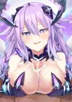  1boy 1girl bimmy black_gloves blue_eyes braid breasts cleavage cum cum_on_body english_commentary facial gloves hair_between_eyes hair_ornament hetero highres large_breasts long_hair naughty_face navel neptune_(series) paizuri penis power_symbol purple_hair purple_heart_(chaos_form) purple_heart_(neptunia) revealing_clothes second-party_source solo_focus symbol-shaped_pupils twin_braids twintails uncensored very_long_hair 