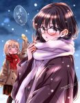  2girls :d arm_up artist_name black-framed_eyewear black_hair black_pantyhose blush brown_coat brown_mittens brown_skirt buttons closed_eyes coat commentary_request dated glasses hand_up happy himawari-san himawari-san_(character) kazamatsuri_matsuri light_brown_hair long_hair long_sleeves looking_at_viewer miniskirt mittens multiple_girls open_mouth outdoors pantyhose pleated_skirt purple_eyes purple_scarf red_scarf scarf short_hair signature skirt smile snowing speech_bubble sugano_manami translation_request 