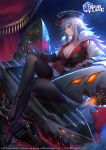  1girl azur_lane bangs black_legwear breasts cleavage cup eyebrows_visible_through_hair fur_trim gloves graf_zeppelin_(azur_lane) hair_between_eyes hat holding holding_cup iron_cross kakage large_breasts long_hair looking_at_viewer official_art pantyhose peaked_cap red_eyes rigging silver_hair sitting skirt smile solo uniform very_long_hair 