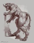 2023 abs anthro bent_over big_muscles bovid bovine butt cattle fur grey_background greyscale hair hi_res hooves horn male mammal monochrome muscular muscular_anthro muscular_male nude obliques painterly serratus shadow signature simple_background solo standing taran_fiddler thick_thighs tuft