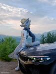 3d_(artwork) anthro blender_(software) blender_cycles bmw canid canine car clothed clothing detailed_background digital_media_(artwork) fur hair hi_res male mammal mrgaleo nature nature_background outside plant rexouium sitting sky smile solo tail topwear vehicle white_body