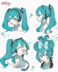  4girls :3 :p arms_at_sides bare_shoulders blue_bow blue_eyes blue_hair blue_necktie blush bow cinnamiku closed_eyes closed_mouth collared_shirt cropped_torso dot_nose grey_shirt hair_between_eyes hair_bow hair_ornament hatsune_miku headphones headphones_around_neck headset highres logo long_hair looking_ahead looking_at_viewer minaduki_0318 multiple_girls multiple_persona necktie number_tattoo open_mouth profile shirt sidelocks simple_background sleeveless sleeveless_shirt smile tattoo tongue tongue_out twintails updo very_long_hair vocaloid white_background 