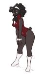  2020 absurd_res anthro black_hair boots brown_body brown_fur canid canine canis clothing cuffs_(clothing) domestic_dog faizenek female footwear fur hair hi_res looking_at_viewer mammal one_piece_suit red_clothing red_eyes simple_background smile solo standing tight_clothing white_background 