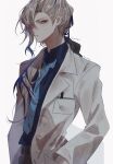  1boy alternate_costume alternate_hairstyle artist_name asymmetrical_bangs blue_hair blue_necktie blue_ribbon blue_shirt breast_pocket closed_mouth coat collared_shirt commentary_request eyelashes genshin_impact hair_between_eyes hair_over_shoulder hair_ribbon hand_in_pocket highres lab_coat lapels long_hair long_sleeves looking_at_viewer male_focus multicolored_hair necktie neuvillette_(genshin_impact) open_clothes open_coat p_umauma parted_bangs pocket pointy_ears purple_eyes ribbon serious shirt simple_background solo streaked_hair twitter_username white_background white_coat white_hair wing_collar 