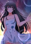  1girl absurdres ahoge bare_arms bare_shoulders blue_dress blue_eyes blush breasts cleavage closed_mouth collarbone dress evening gradient_sky highres jksfs long_hair looking_at_viewer outdoors sky solo standing star_(sky) starry_sky yahari_ore_no_seishun_lovecome_wa_machigatteiru. yukinoshita_yukino 