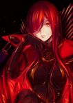  1girl absurdres black_background black_bodysuit black_gloves bodysuit breasts breasts_apart cape closed_mouth fate/grand_order fate_(series) floating_hair gloves hair_over_one_eye highres long_hair looking_at_viewer medium_breasts oda_nobunaga_(fate)_(all) oda_nobunaga_(maou_avenger)_(fate) red_cape red_eyes red_hair shiny shiny_hair sitting solo very_long_hair wokoko 