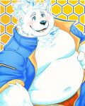absurd_res anthro belly blue_eyes blush canid canine canis clothing domestic_dog eyebrows fur hi_res iavan jumpsuit lifewonders live_a_hero male mammal moobs navel nordic_sled_dog overweight samoyed solo spitz thick_eyebrows underwear undressing white_body white_fur yohack