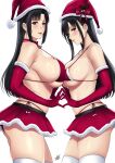  2girls ass bare_shoulders bell bikini black_eyes black_hair bow breast_press breasts choker closed_mouth collarbone commentary cowboy_shot earrings elbow_gloves english_commentary from_side fur-trimmed_gloves fur-trimmed_headwear fur-trimmed_skirt fur_trim gloves hat highres holly holly_hat_ornament jewelry large_breasts lips long_hair looking_at_viewer microskirt mole mole_under_mouth mother_and_daughter multiple_girls naye_(xter) neck_bell nush_(xter) original parted_lips red_bikini red_bow red_choker red_eyes red_gloves red_headwear red_skirt santa_costume santa_hat side-tie_bikini_bottom sidelocks signature simple_background skindentation skirt standing swimsuit symmetrical_docking teeth thighhighs white_background white_thighhighs xter 